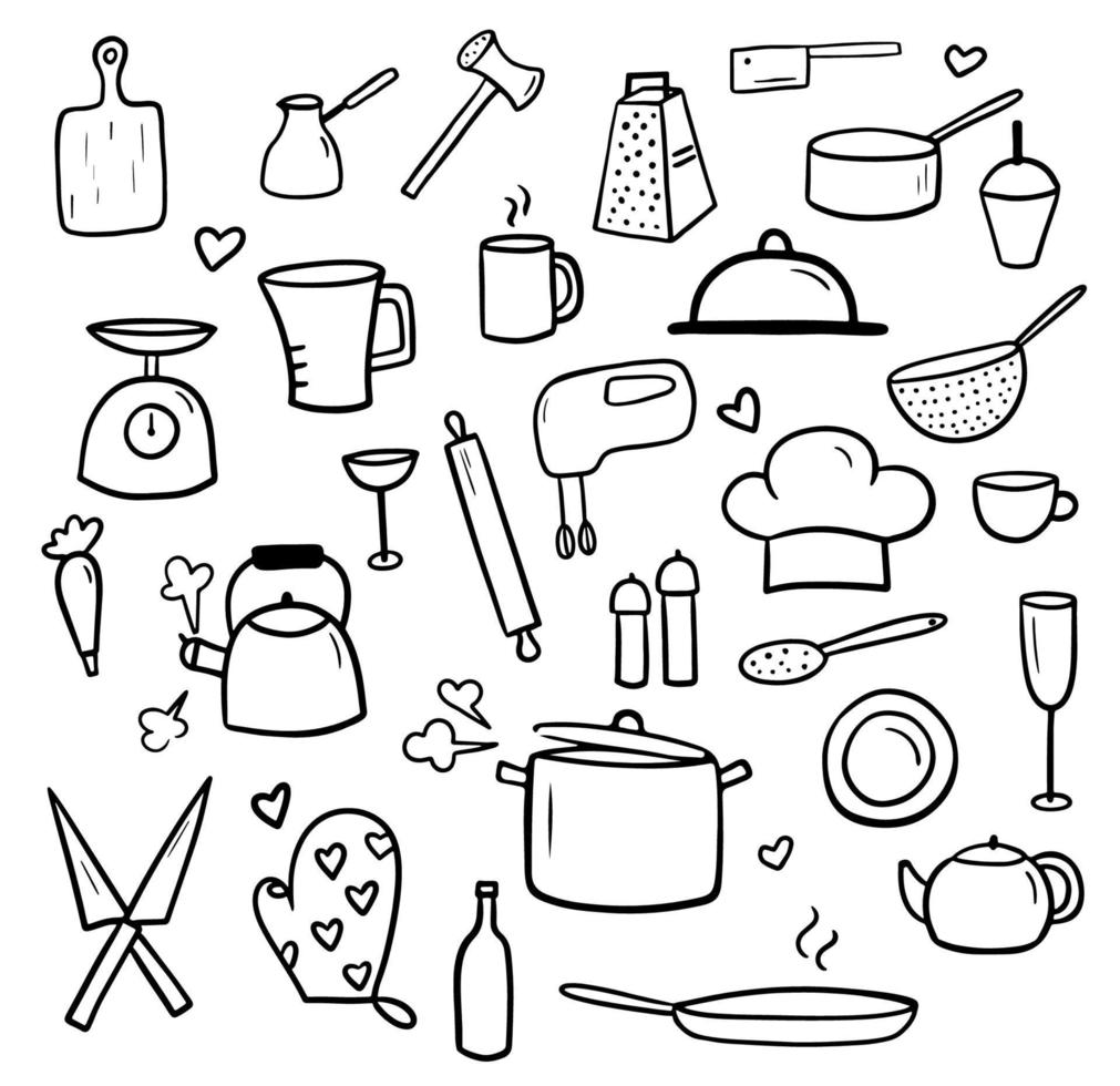 ensemble d'outils de cuisine doodles. collection d'icônes de cuisine isolée sur fond blanc. illustration vectorielle pour le menu du restaurant, le livre de recettes et le papier peint. vecteur
