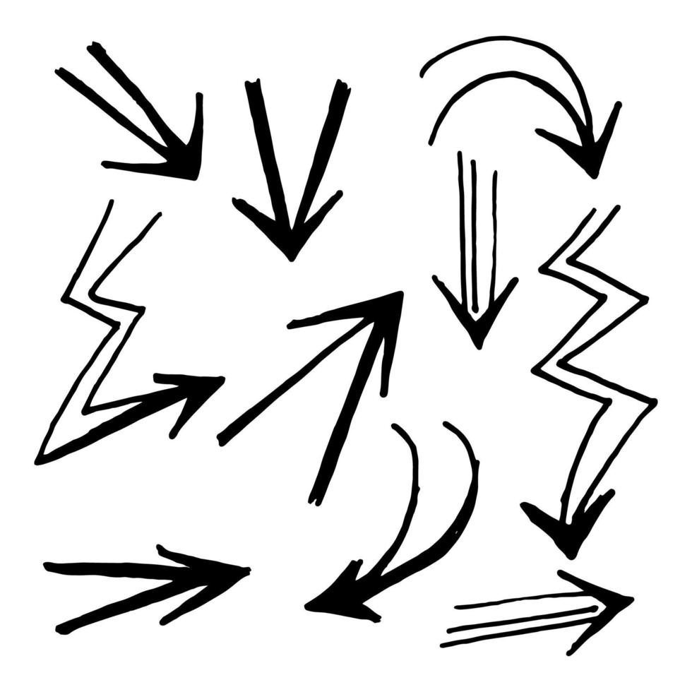 ensemble d'icônes de flèches dessinées à la main. icône de flèche avec différentes directions. illustration vectorielle de griffonnage. isolé sur fond blanc. vecteur