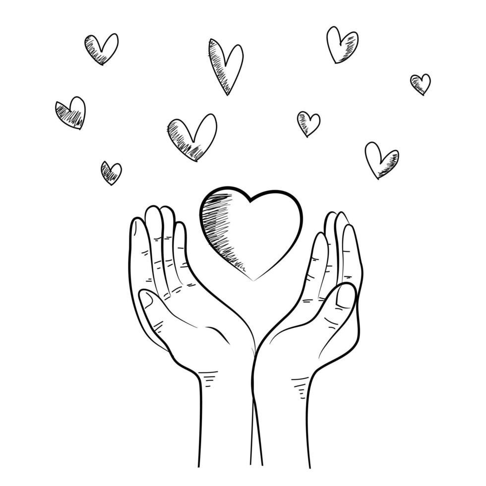 main dessinée des mains vers le haut. concept de charité et de don. donner et partager votre amour aux gens. geste des mains sur le style doodle. illustration vectorielle vecteur