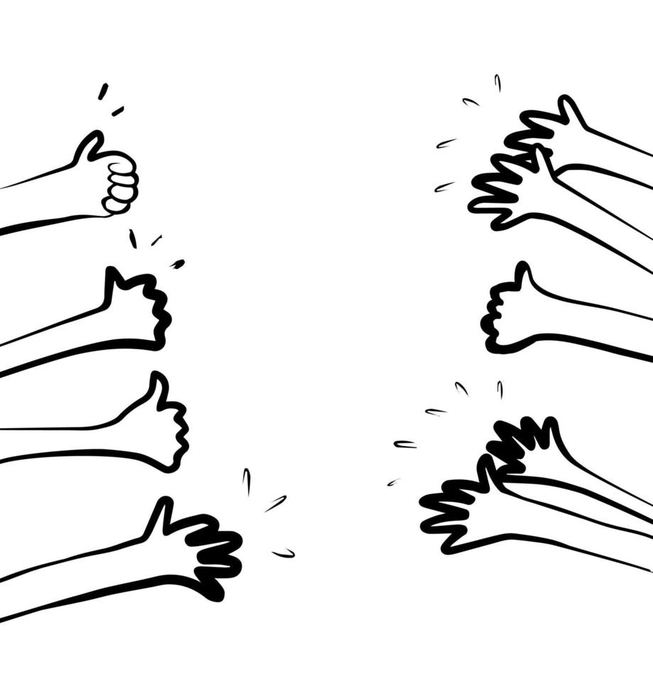 doodle ensemble de mains en l'air. pouces vers le haut dessinés à la main. isolé sur fond blanc. illustration vectorielle vecteur