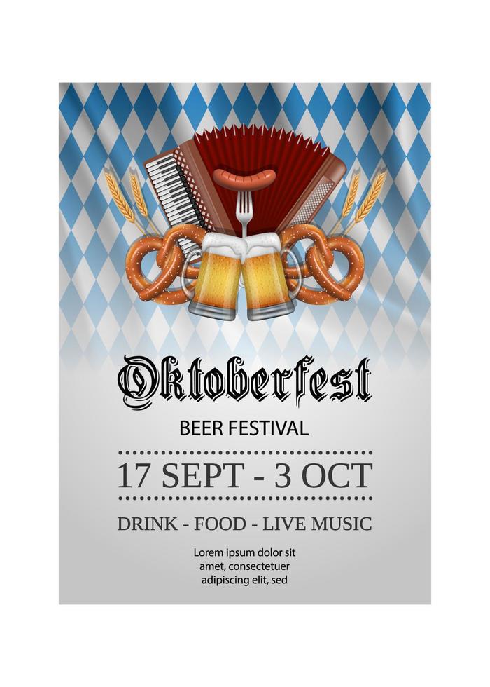 affiche de l'oktoberfest avec accordéon, bretzel et chopes à bière vecteur