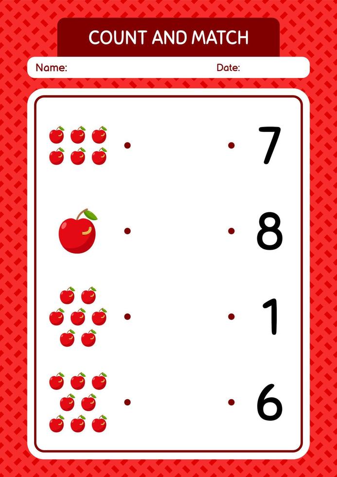 comptez et faites correspondre le jeu avec la pomme. feuille de travail pour les enfants d'âge préscolaire, feuille d'activité pour enfants vecteur