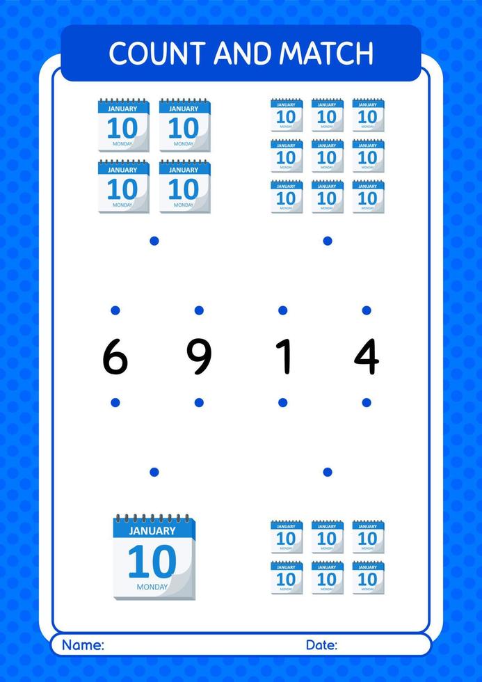 comptez et faites correspondre le jeu avec le calendrier. feuille de travail pour les enfants d'âge préscolaire, feuille d'activité pour enfants vecteur