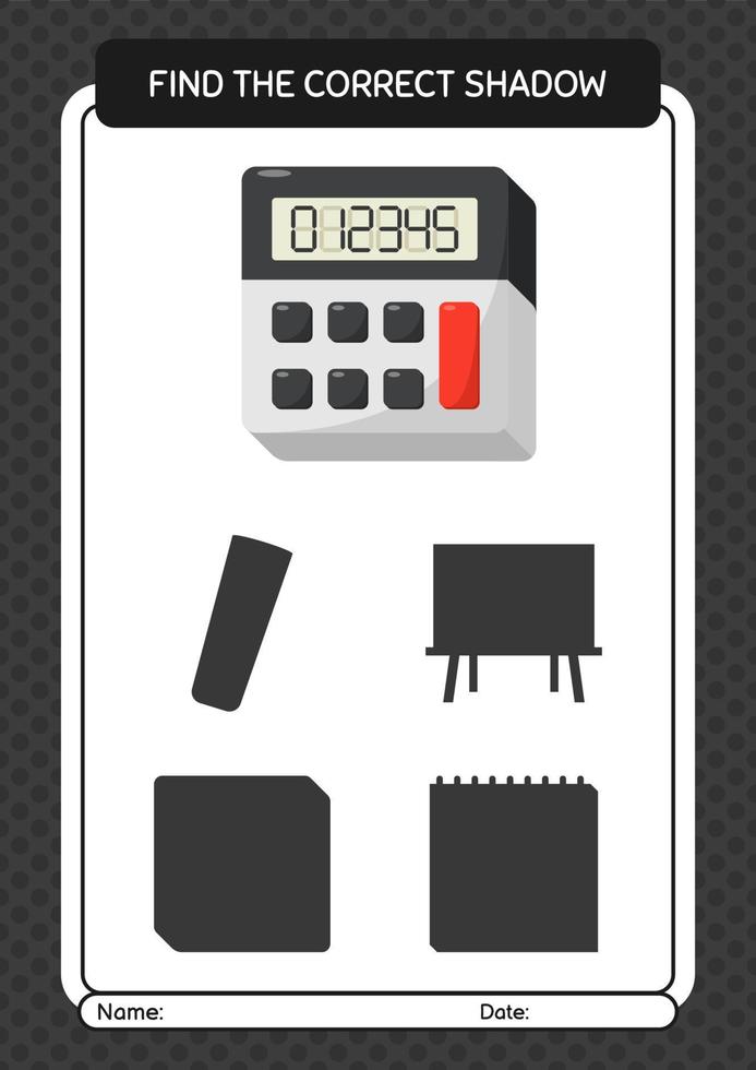 trouver le bon jeu d'ombres avec la calculatrice. feuille de travail pour les enfants d'âge préscolaire, feuille d'activité pour enfants vecteur