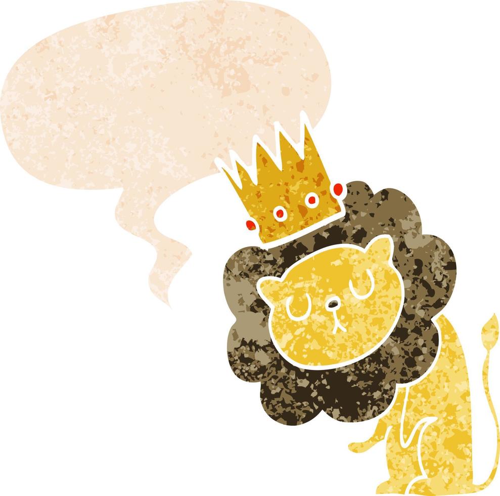 lion de dessin animé avec couronne et bulle de dialogue dans un style texturé rétro vecteur