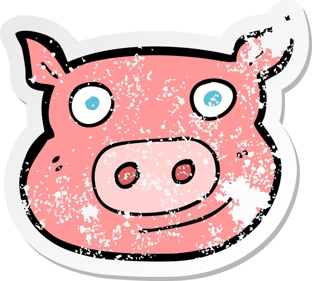 autocollant rétro en détresse d'un visage de cochon de dessin animé vecteur