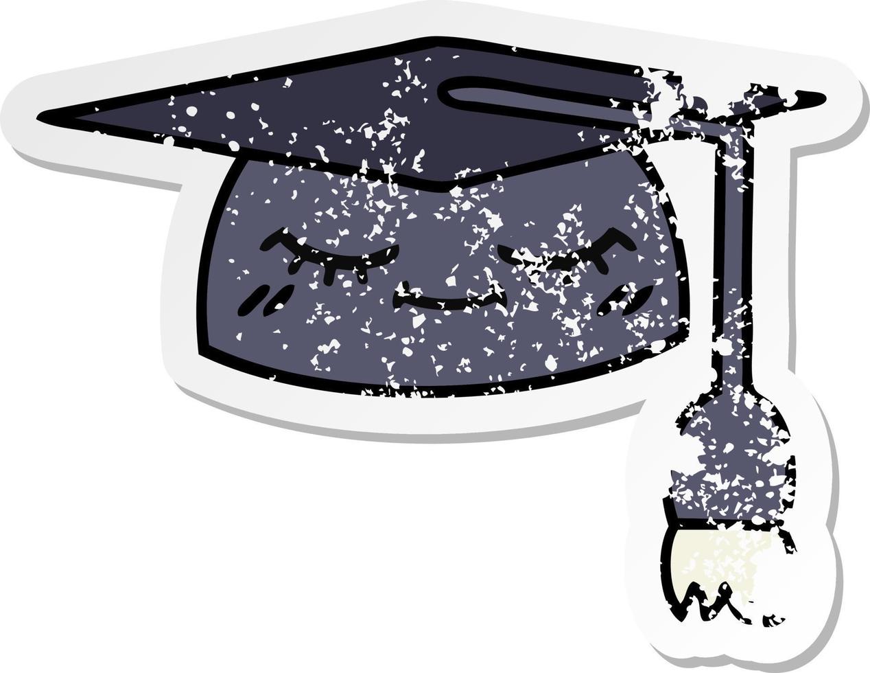 autocollant en détresse d'un chapeau de graduation de dessin animé mignon vecteur