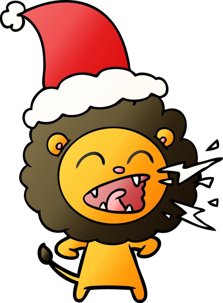 dessin animé dégradé d'un lion rugissant portant un bonnet de noel vecteur