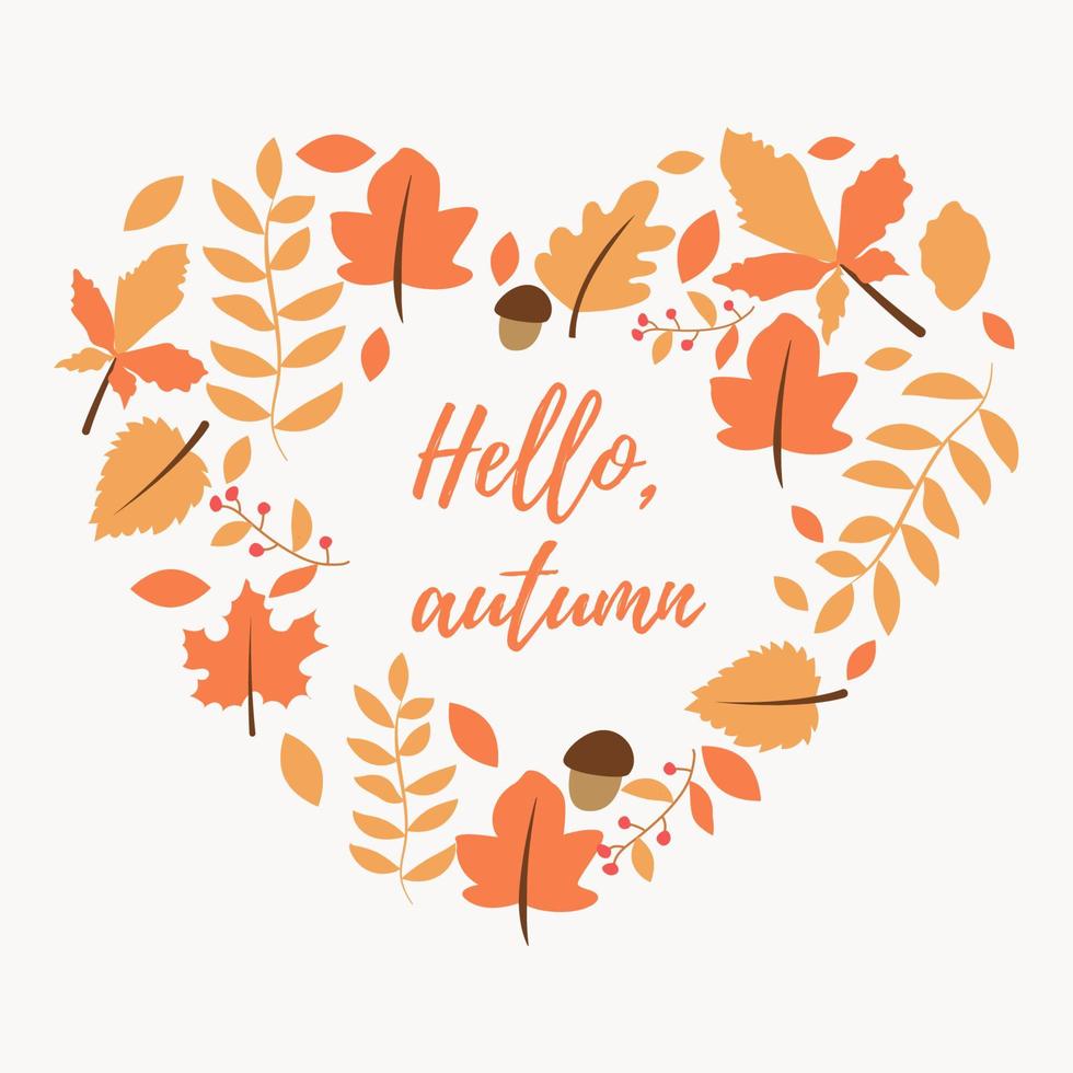 bannière de la saison d'automne en forme de coeur. carte de voeux avec l'inscription bonjour, automne et feuilles d'automne dessinées à la main. vecteur