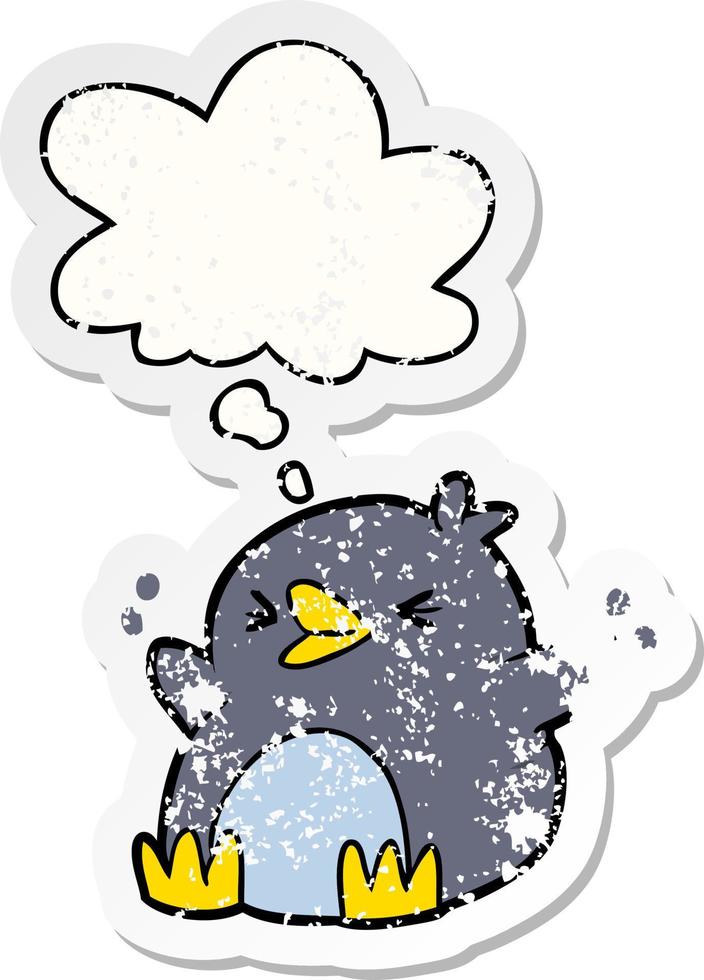 pingouin de dessin animé et bulle de pensée comme autocollant usé en détresse vecteur