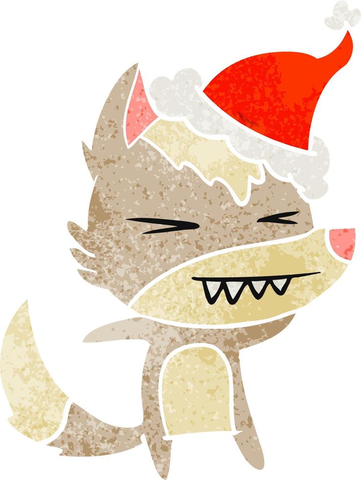 dessin animé rétro de loup en colère portant un bonnet de noel vecteur