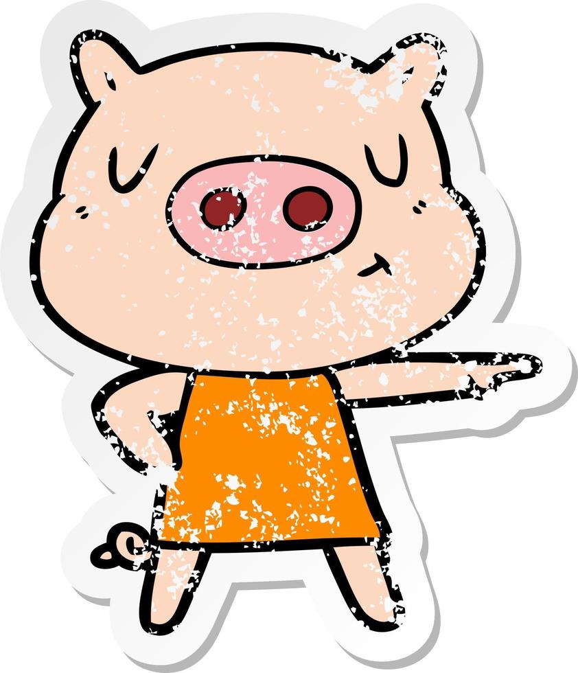 autocollant en détresse d'un cochon de contenu de dessin animé en robe pointant vecteur