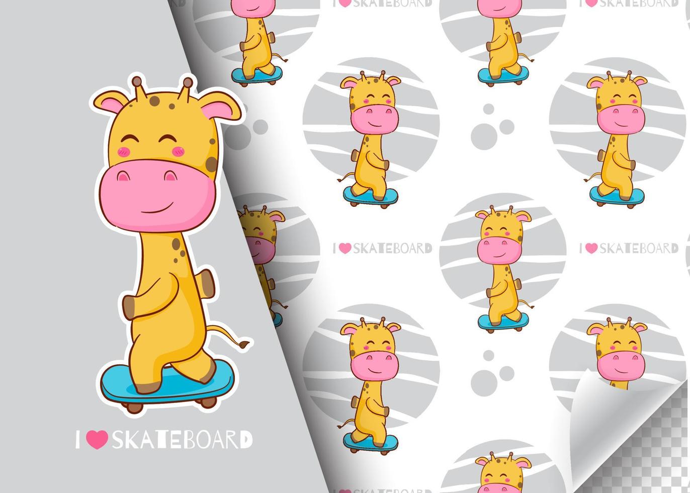 personnage de girafe de dessin animé mignon jouant au skateboard. carte pour enfants et motif de fond sans couture. illustration vectorielle de conception dessinée à la main. vecteur