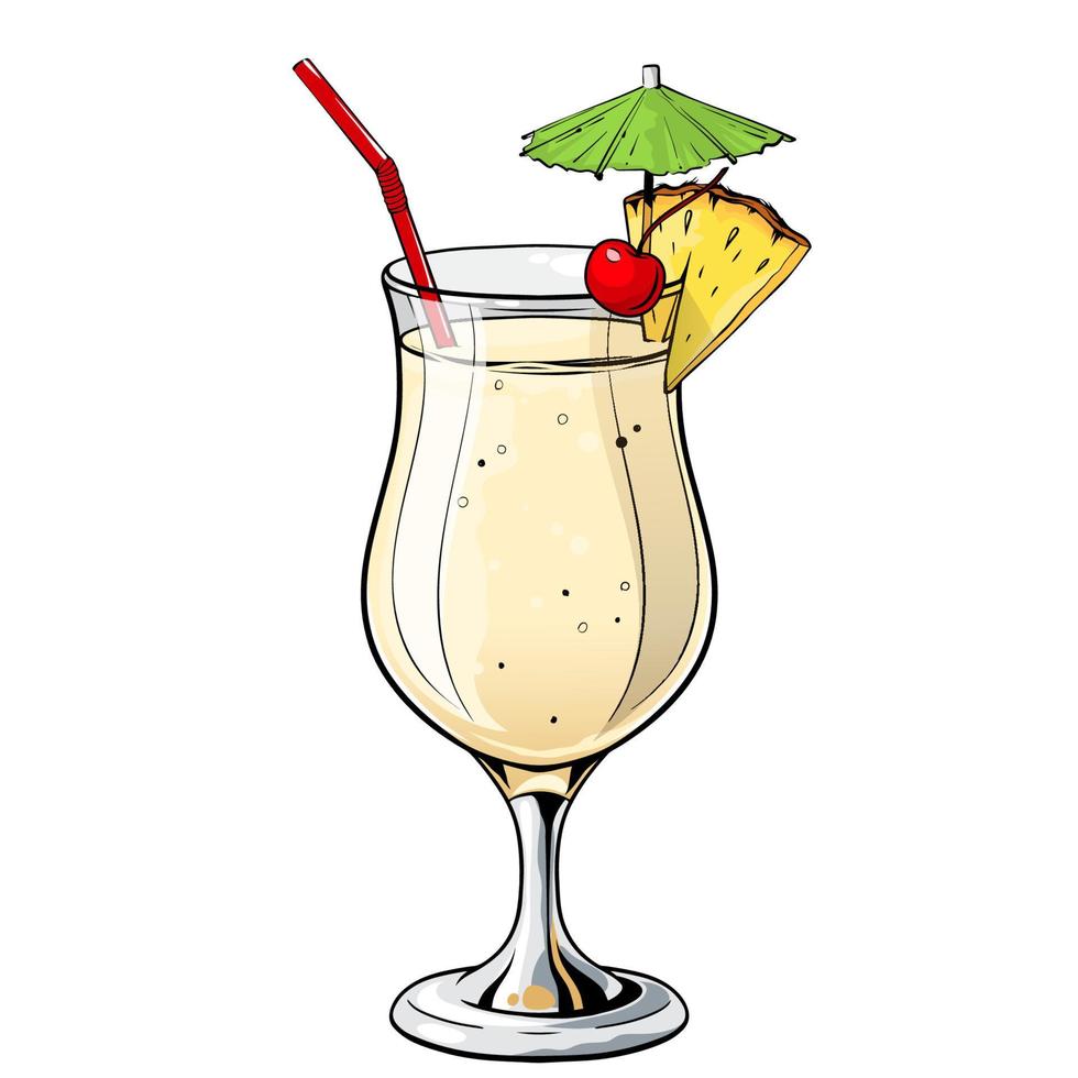 cocktail pina colada, boisson alcoolisée dessinée à la main avec tranche d'ananas et cerise. illustration vectorielle sur fond blanc vecteur