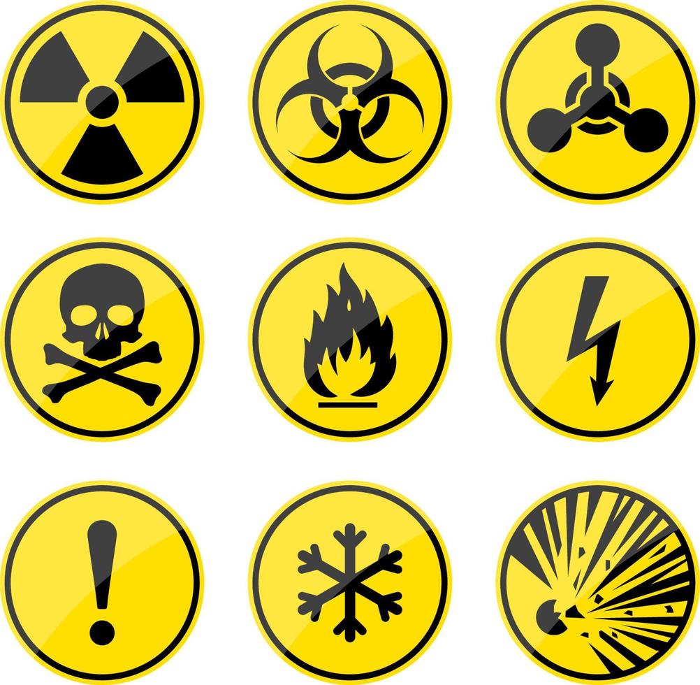 ensemble de panneaux d'avertissement. icônes de danger rondes. signe de rayonnement. signe de danger biologique. signe toxique. symbole nucléaire. symbole inflammable. signes d'attention vecteur