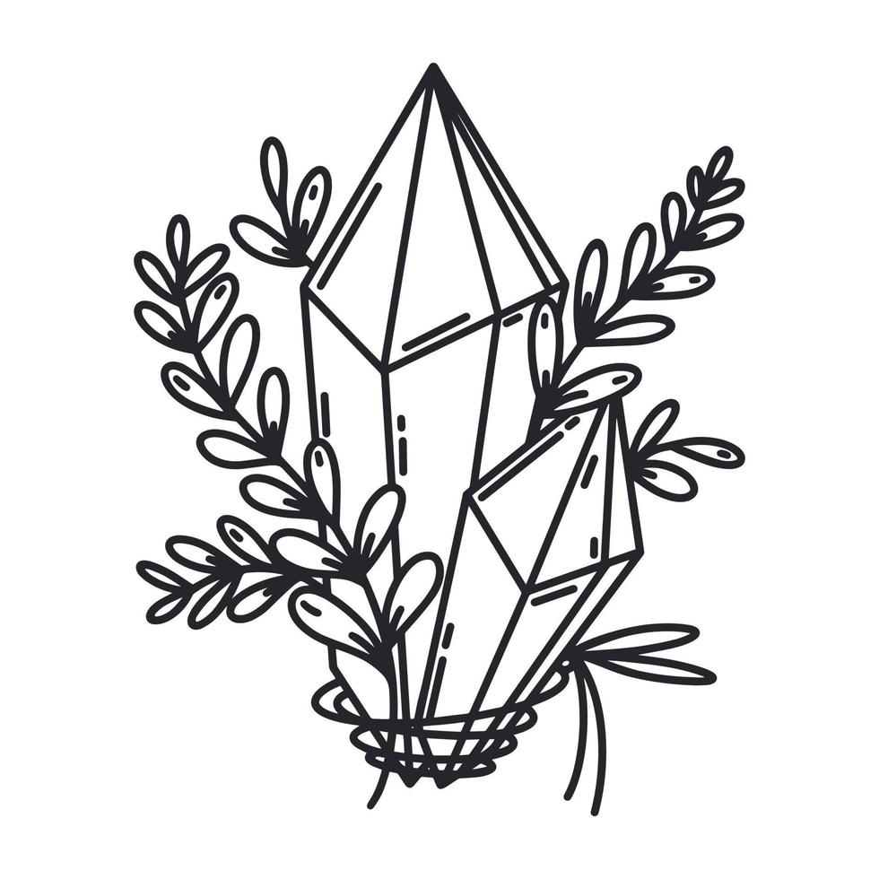 icône de vecteur de cristal magique. branche de quartz et de lierre attachée avec un fil. pierre de lune céleste isolée sur blanc. contour noir, croquis. clipart vintage pour logo, web, cosmétiques, carte, boho, impression, tatouage