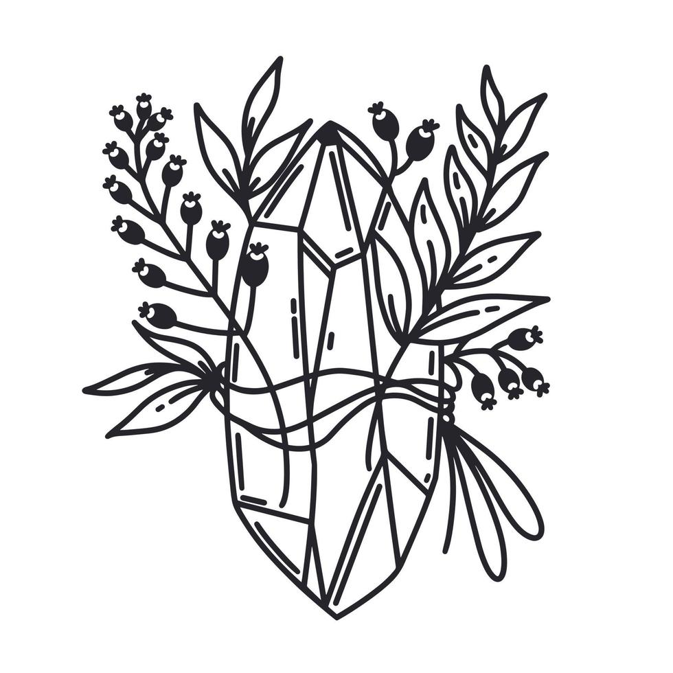 icône de vecteur de cristal magique. quartz, branches avec feuilles et baies. prisme céleste isolé sur blanc. contour noir, croquis. symbole de la sorcellerie, de l'astrologie, de l'occultisme. boho clipart pour le web, les cosmétiques