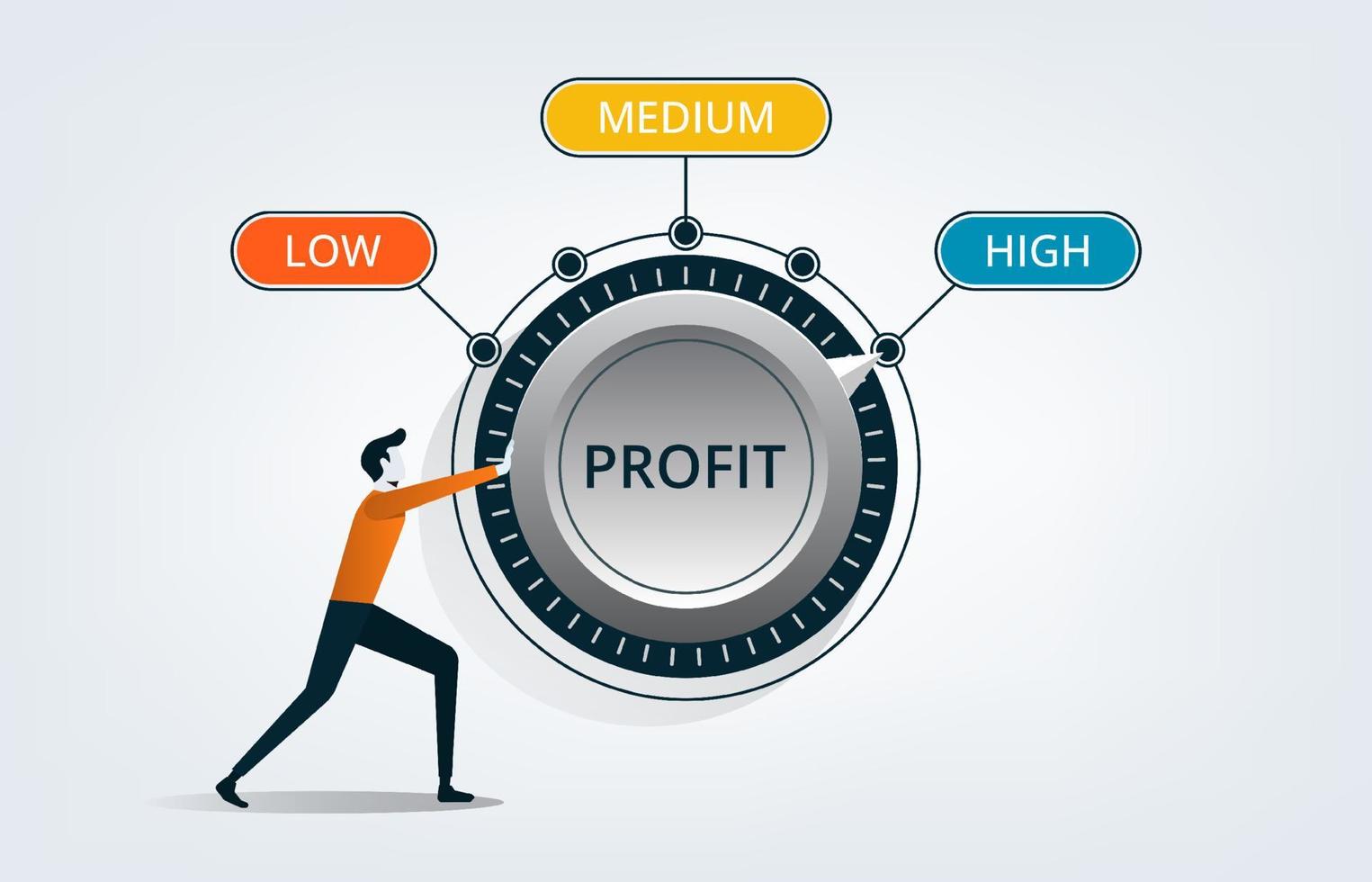 homme d'affaires tournant le cadran de profit à une illustration élevée. augmentation des bénéfices, croissance du marché et succès dans le concept d'entreprise vecteur