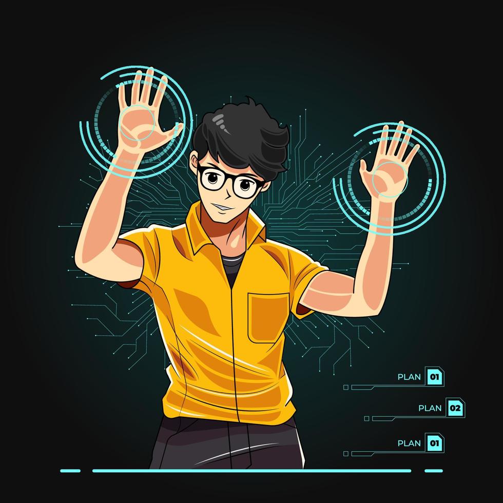 concept de technologie numérique d'intelligence artificielle. jeune garçon collant ses mains sur un écran transparent illustration vectorielle téléchargement gratuit vecteur