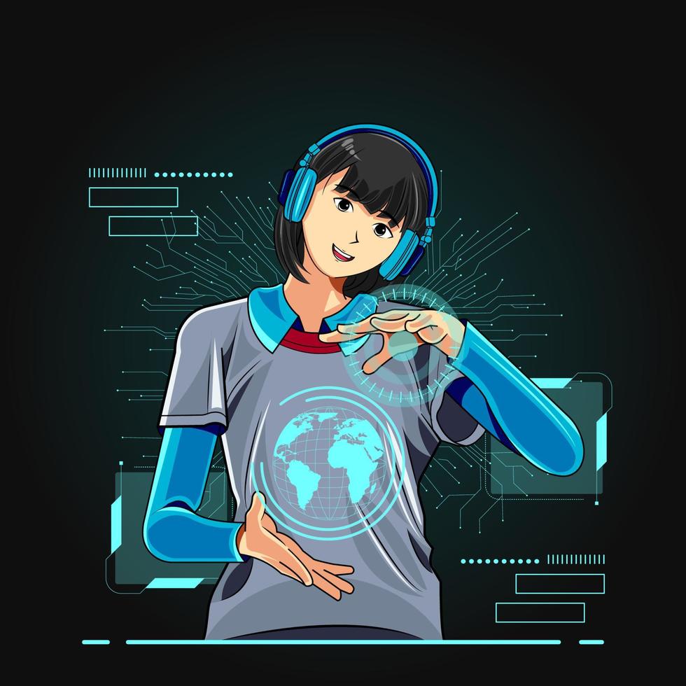 concept de technologie numérique d'intelligence artificielle. jeune fille créant un hologramme avec illustration vectorielle futuriste téléchargement gratuit vecteur