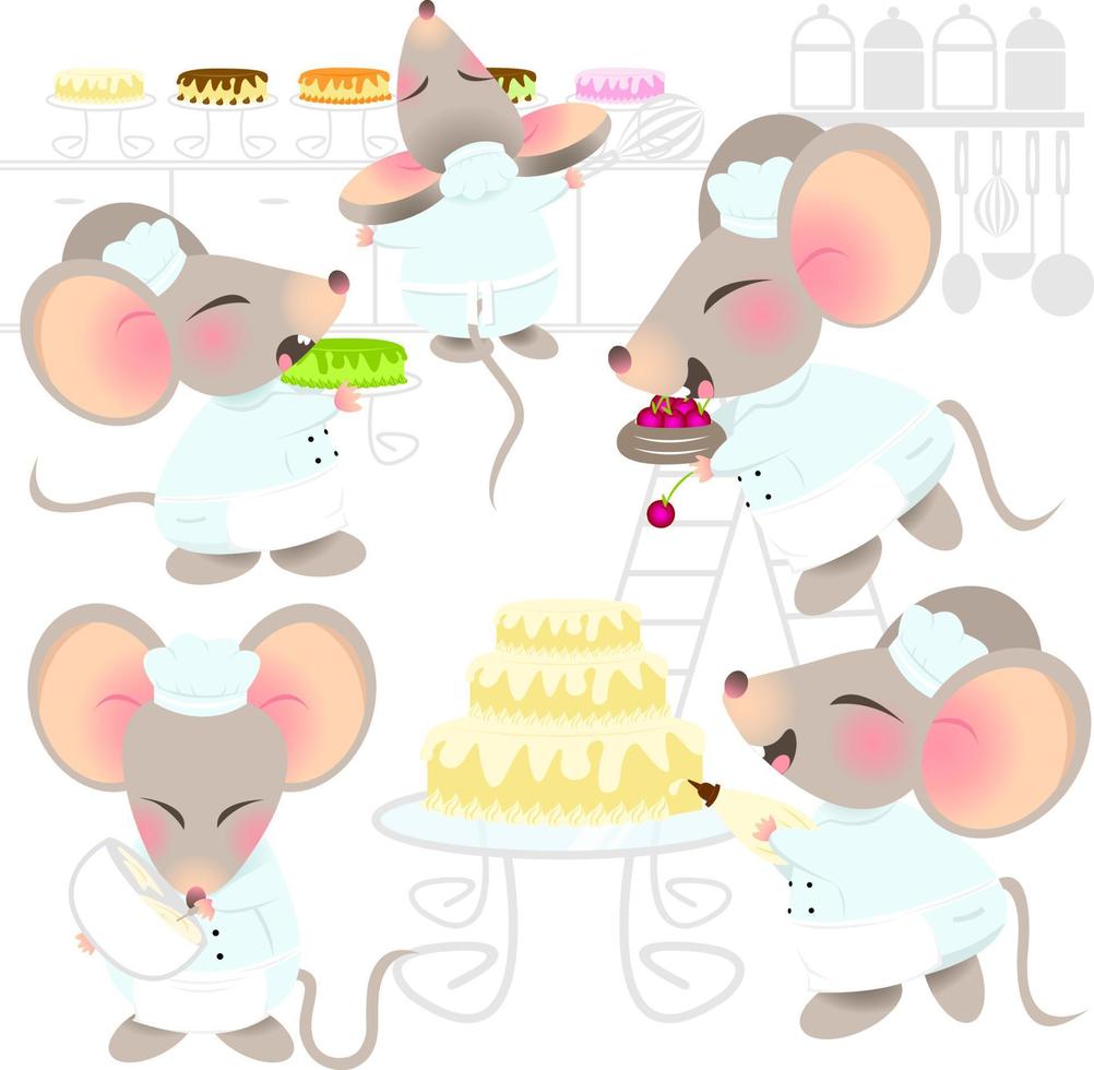 boulangerie pâtisseries usine de gâteaux mignon souris personnage bébé enfant chef souris jeu d'icônes petit rat icône classique couleur douce vecteur