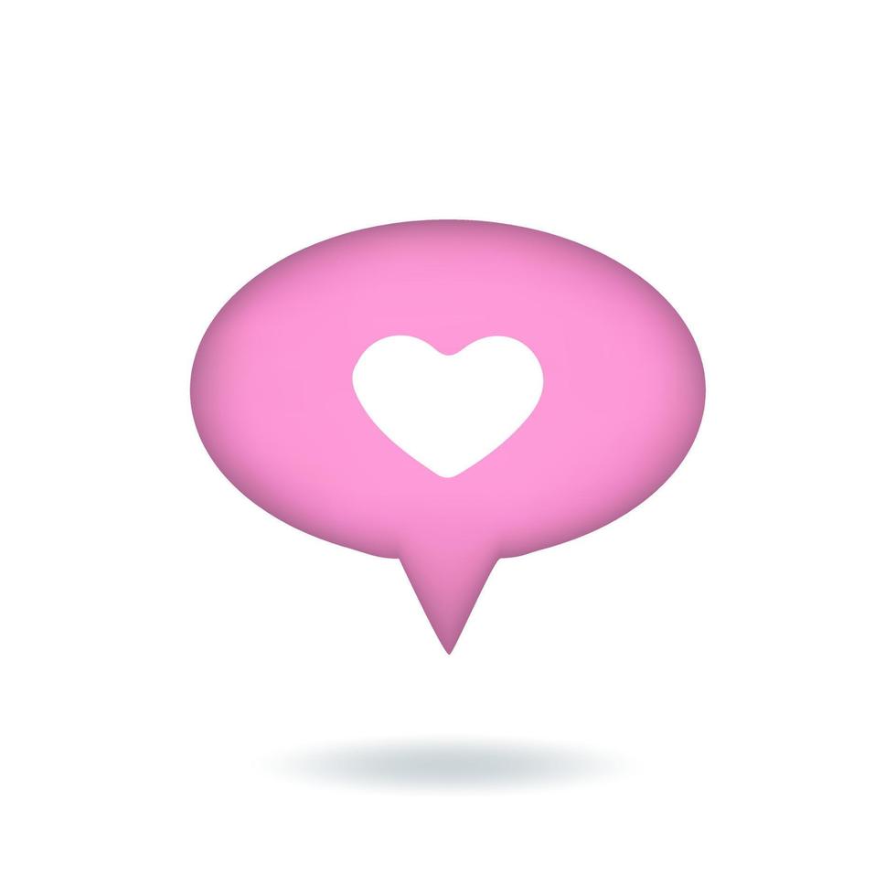 illustration vectorielle. 3d comme icône avec coeur, notification de médias sociaux, bulle de dialogue. bouton rose ovale isolé sur fond blanc. vecteur