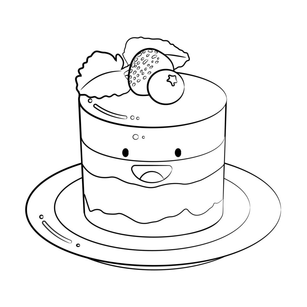 gâteau mignon de style contour avec icône de vecteur de baies isolé sur fond blanc. autocollant de dessin animé. illustration de nourriture souriante kawaii. style de contour de dessin animé plat. coloriage.