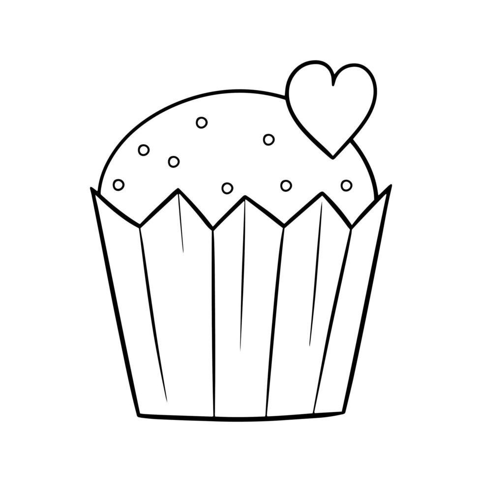image monochrome. cupcake au chocolat avec des miettes de sucre rondes et un coeur, illustration vectorielle en style cartoon sur fond blanc vecteur
