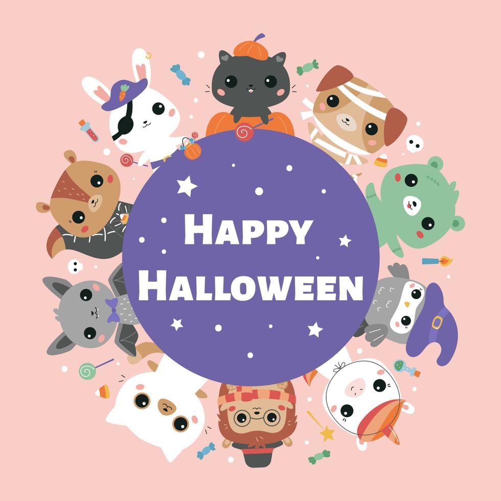 carte de voeux en forme de cercle d'halloween heureux avec de jolis animaux kawaii dans différents costumes. chat de dessin animé, chauve-souris, chien, lapin, hérisson, écureuil, poney, ours et hibou. illustration vectorielle. vecteur