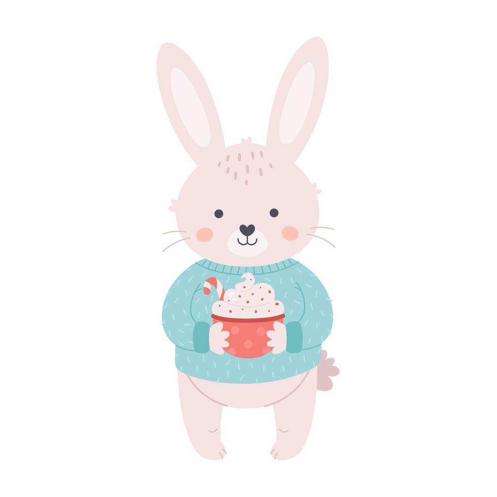 lapin mignon en pull avec une tasse de café ou une boisson de noël. joyeux Noel et bonne année. année du lapin. vecteur