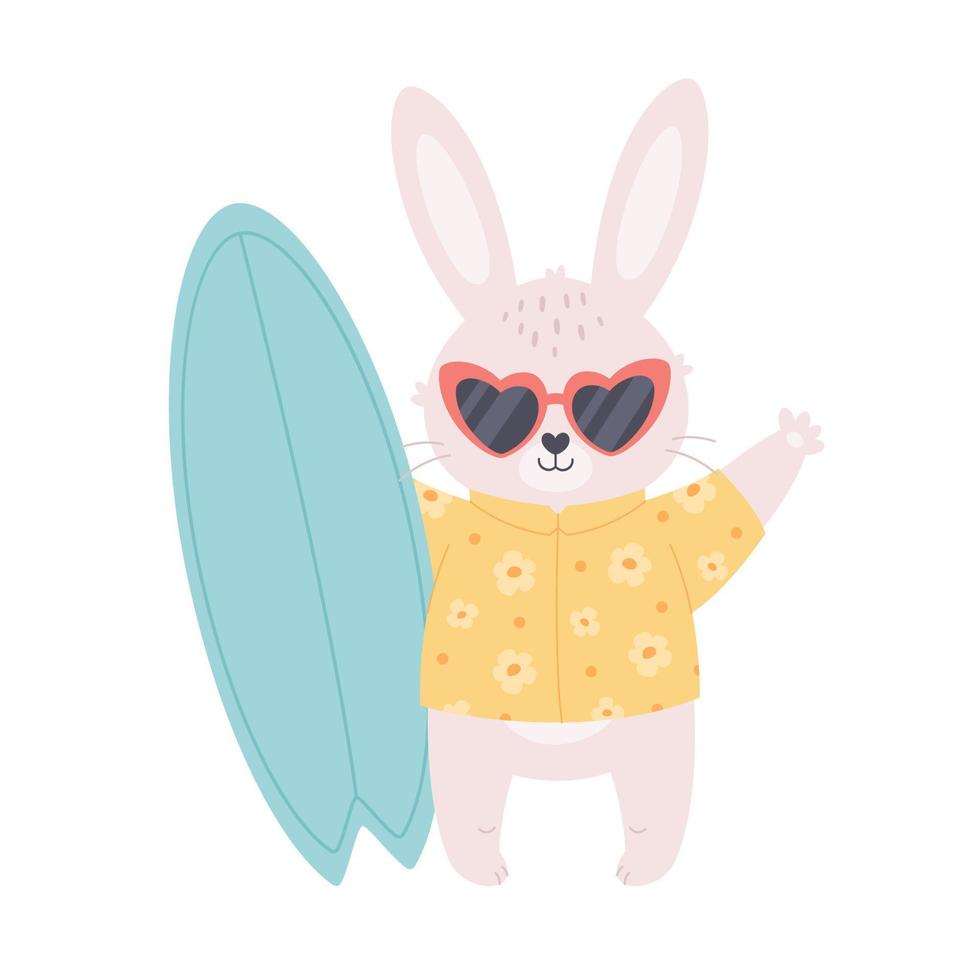 Ute lapin blanc à lunettes de soleil avec planche de surf. bonjour l'été, heure d'été, vacances d'été, surf vecteur