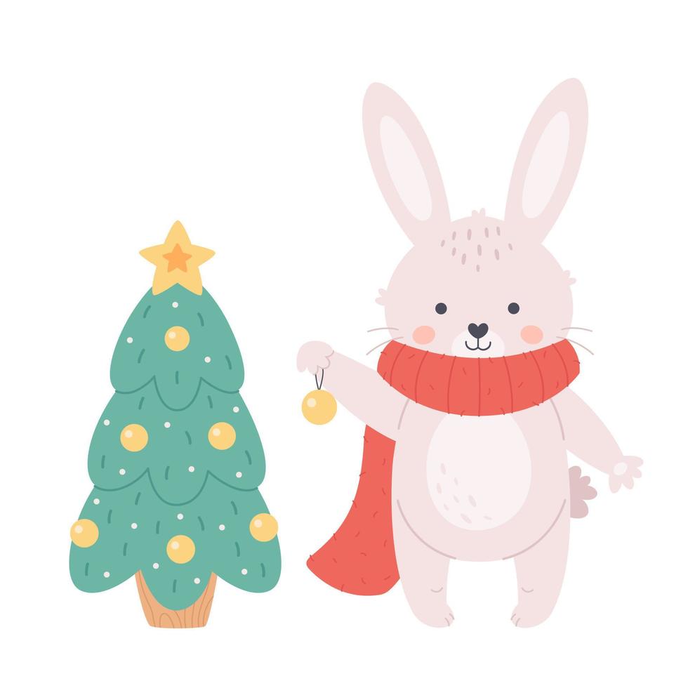 joli lapin blanc décorant un sapin de noël. joyeux Noel et bonne année. vecteur