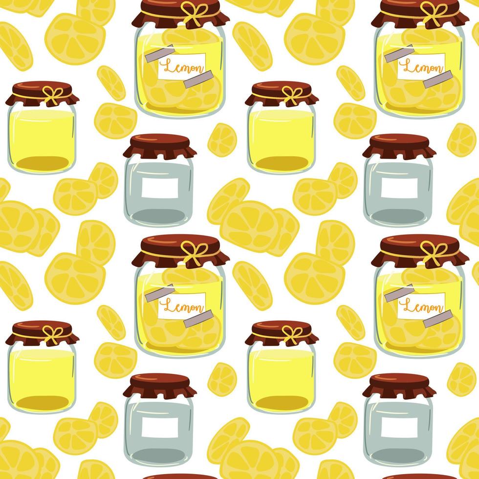 confiture de fond faite de citrons, bocaux, confitures, petits pains. utilisé dans l'illustration textile, l'illustration de cuisine, l'emballage cadeau. arrière-plan, motif, sans soudure. vecteur