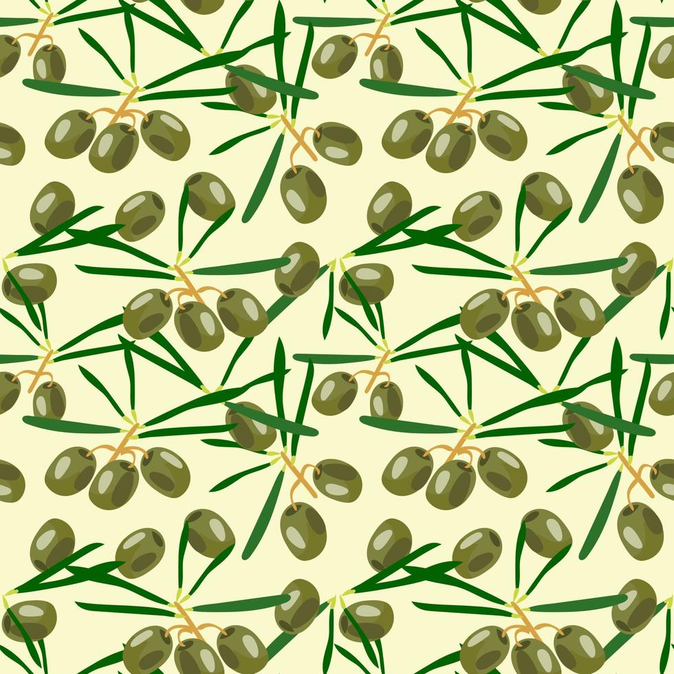 modèle vectorielle continue avec des olives vertes et des branches. mélange d'olives. motif de papier peint, bel emballage, impression de cuisine. vecteur
