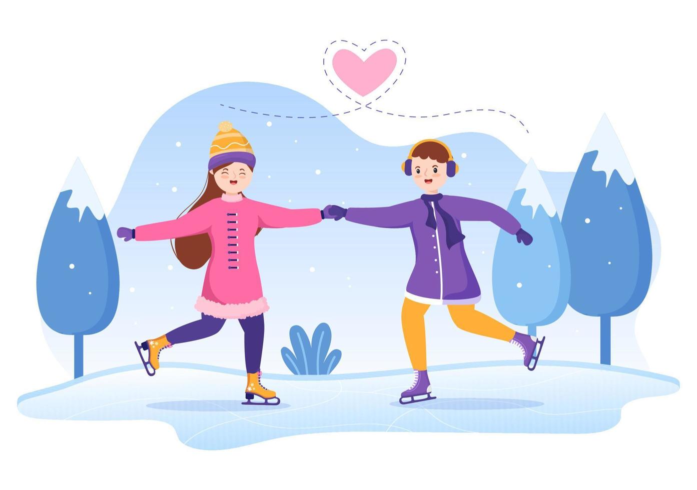 patinage sur glace dessin animé dessiné à la main illustration plate des activités sportives de plein air amusantes d'hiver sur la patinoire avec des vêtements d'extérieur saisonniers vecteur