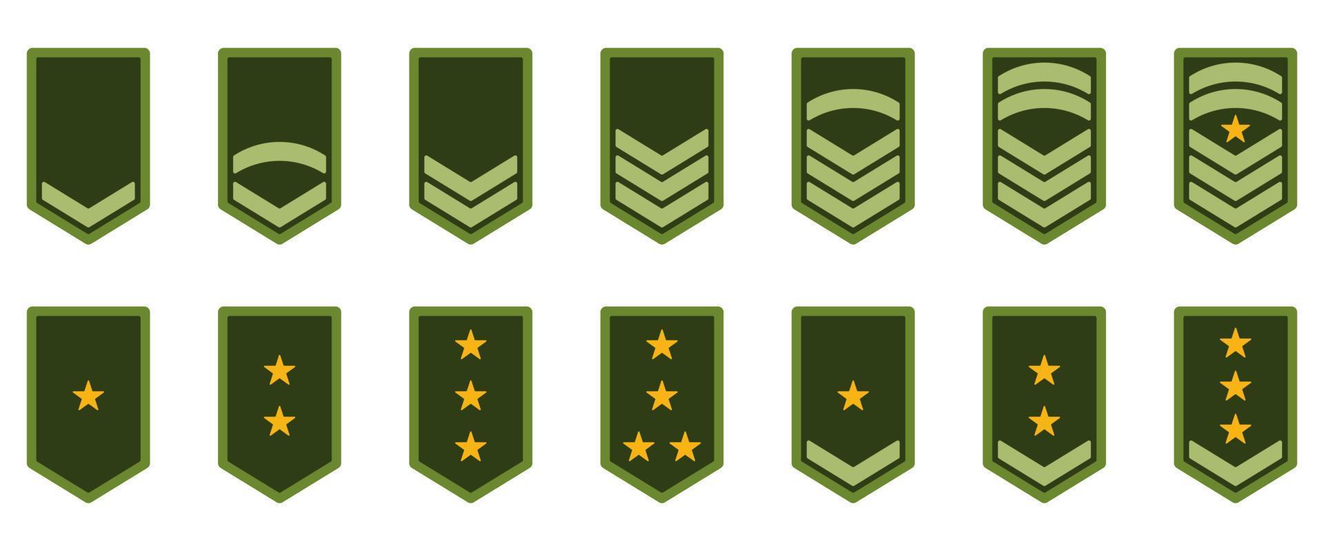 icône de rang de l'armée. insigne militaire insigne symbole vert. logo étoile et rayures jaune chevron. sergent soldat, major, officier, général, lieutenant, colonel emblème. illustration vectorielle isolée vecteur