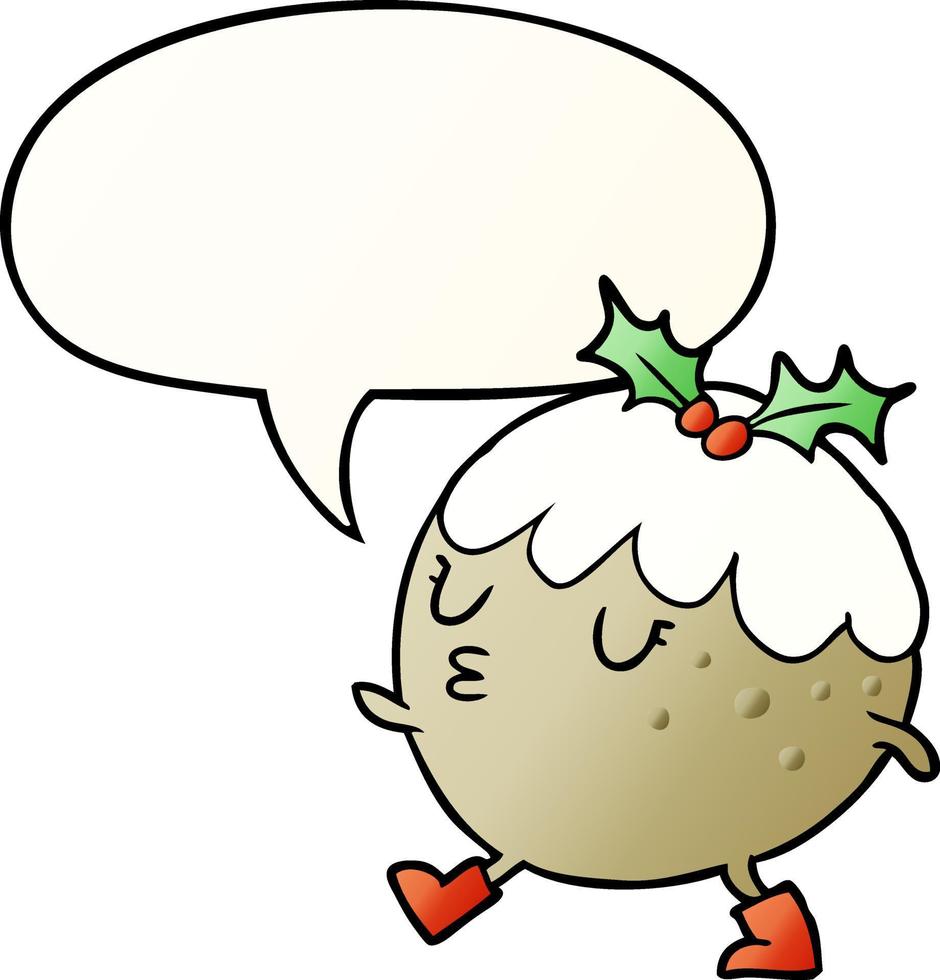 dessin animé pudding de noël marchant et bulle de dialogue dans un style de dégradé lisse vecteur