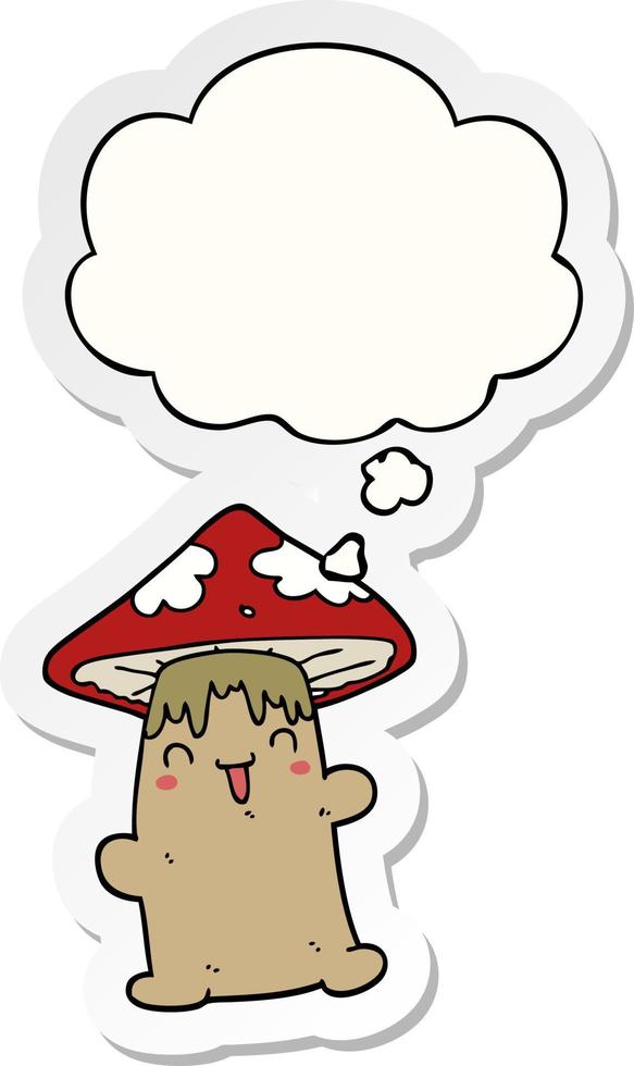 personnage de champignon de dessin animé et bulle de pensée sous forme d'autocollant imprimé vecteur