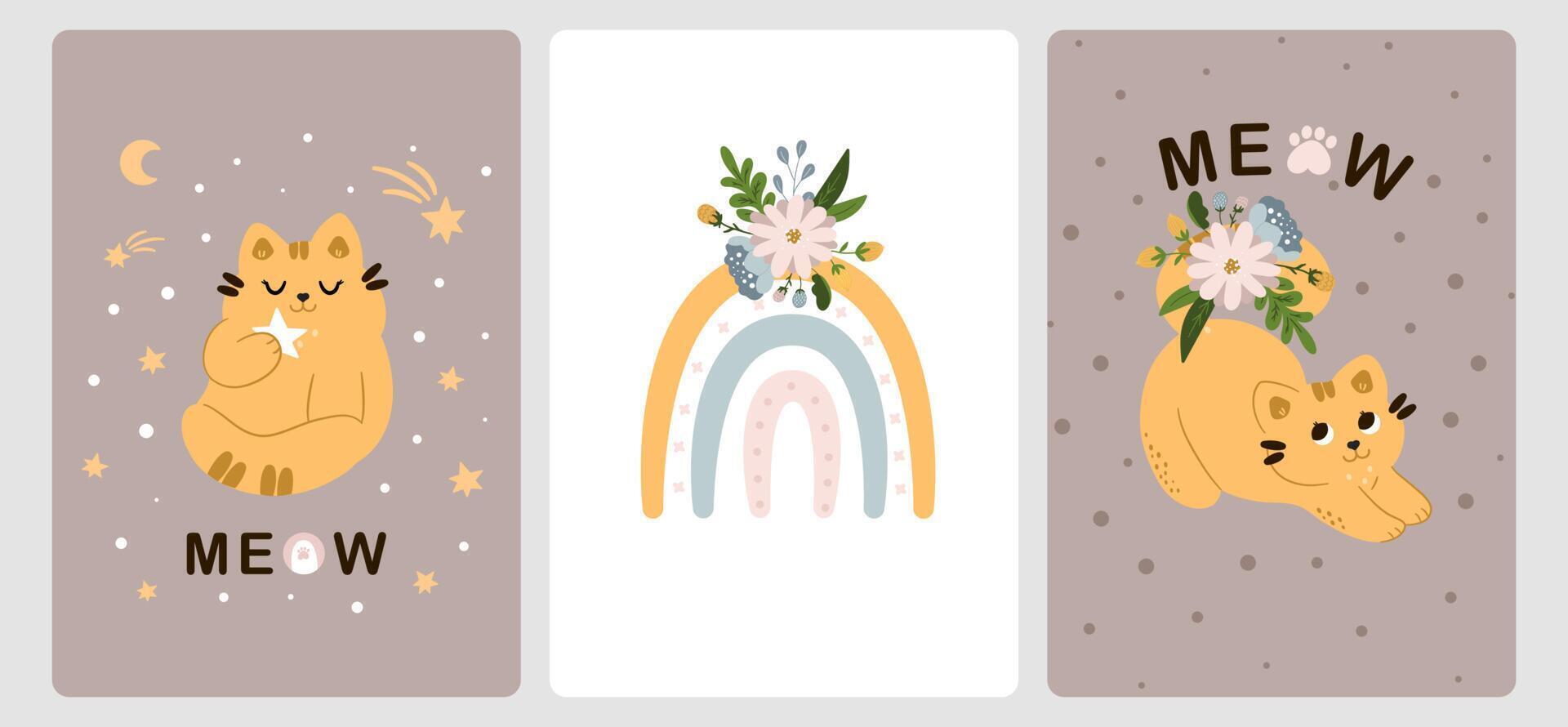 collection de cartes de voeux avec des chats mignons, un arc-en-ciel et des fleurs dans un style scandinave de dessin animé. pour les vacances des enfants, pour un nouveau-né vecteur