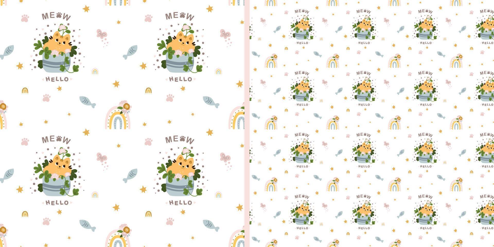 modèle sans couture avec des chats mignons en fleurs sur fond blanc. texture pour enfants de style scandinave pour tissu, textile, vêtements, décoration de pépinière. illustration vectorielle vecteur