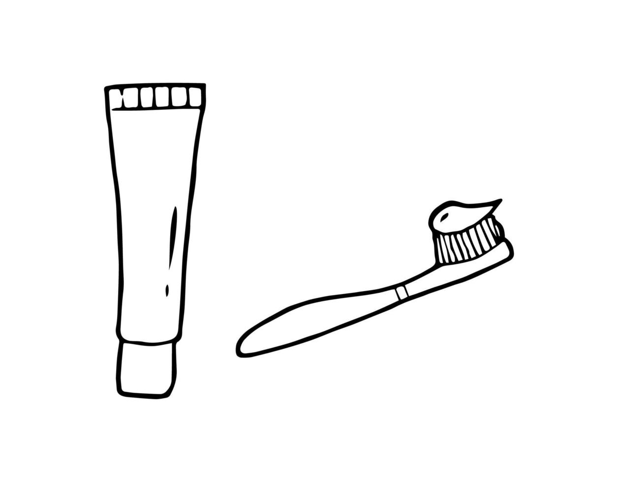 brosse à dents et dentifrice doodle dessinés à la main. éléments vectoriels. vecteur