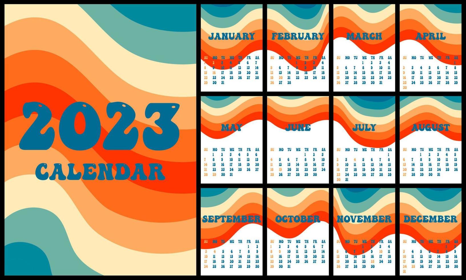 calendrier 2023 fond d'écran rétro groovy. couvertures verticales et pages de 12 mois. début de semaine le dimanche. a4 a3 a2 a5. illustration vectorielle dans un style branché aux couleurs pastel. conception minimaliste. vecteur