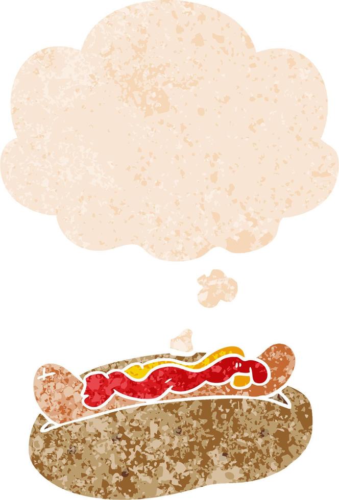 dessin animé hot-dog et bulle de pensée dans un style texturé rétro vecteur