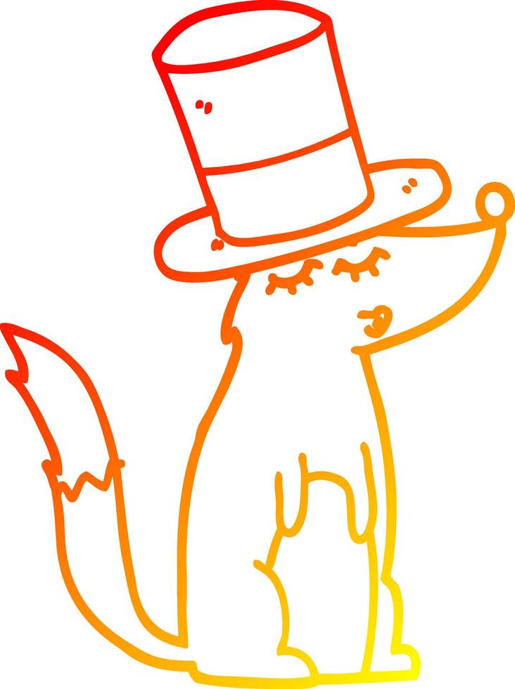 ligne de gradient chaud dessinant un loup de dessin animé sifflant portant un chapeau haut de forme vecteur