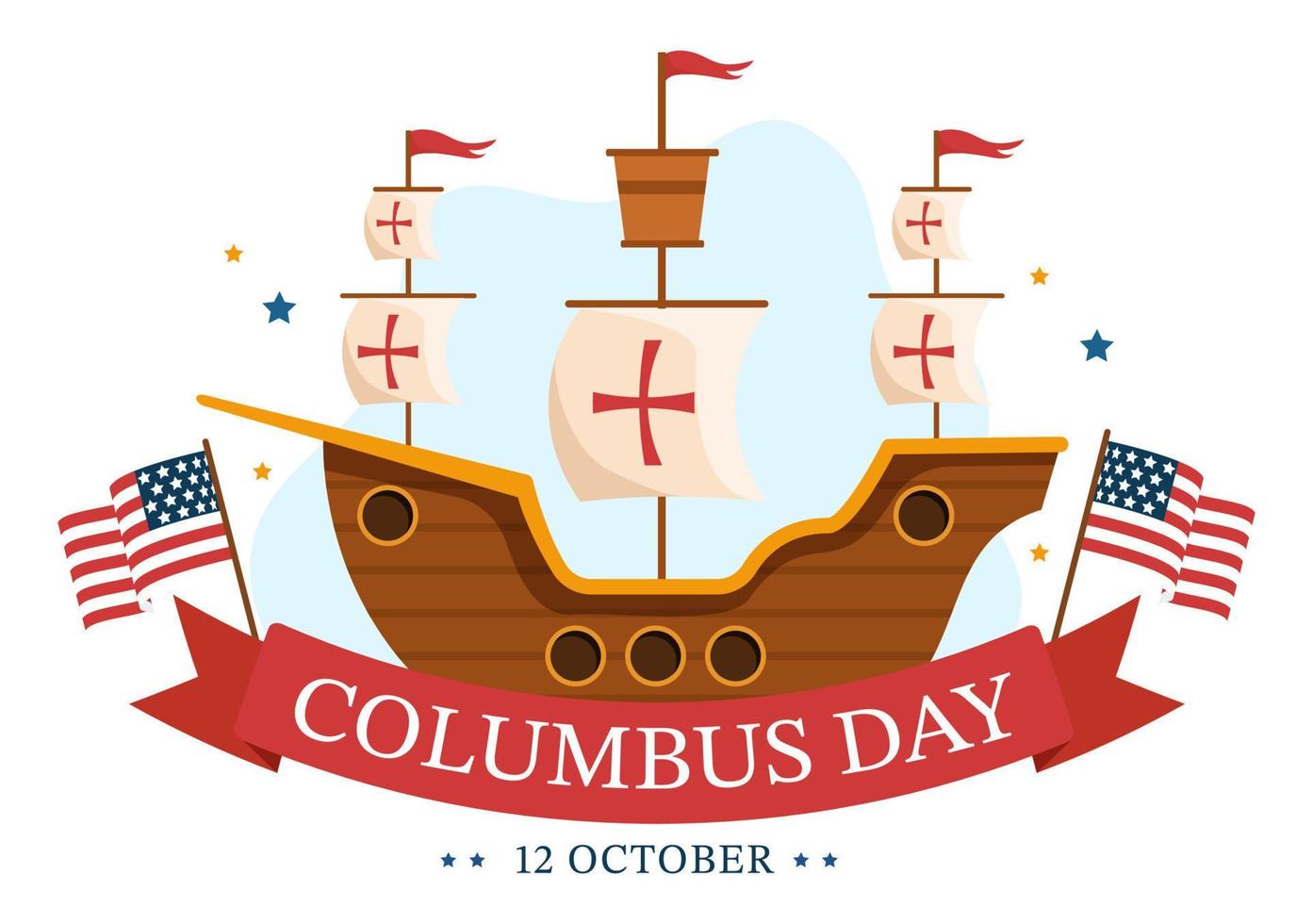 joyeux jour de columbus fête nationale illustration de dessin animé dessiné à la main avec des vagues bleues, une boussole, un navire et des drapeaux américains sur fond de style plat vecteur