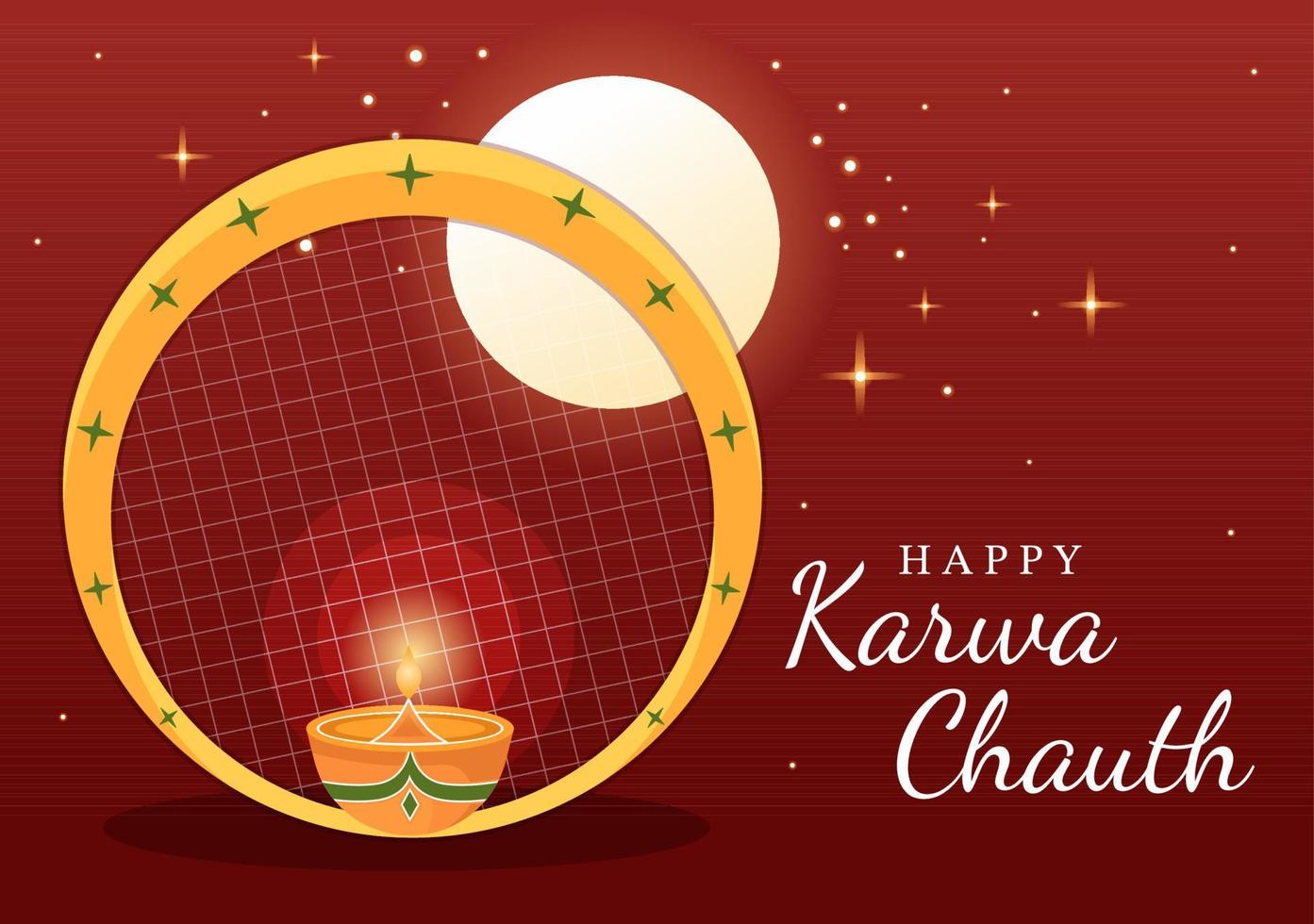 karwa chauth festival illustration de dessin animé plat dessiné à la main pour commencer la nouvelle lune en voyant le lever de la lune en novembre des épouses pour leurs maris vecteur
