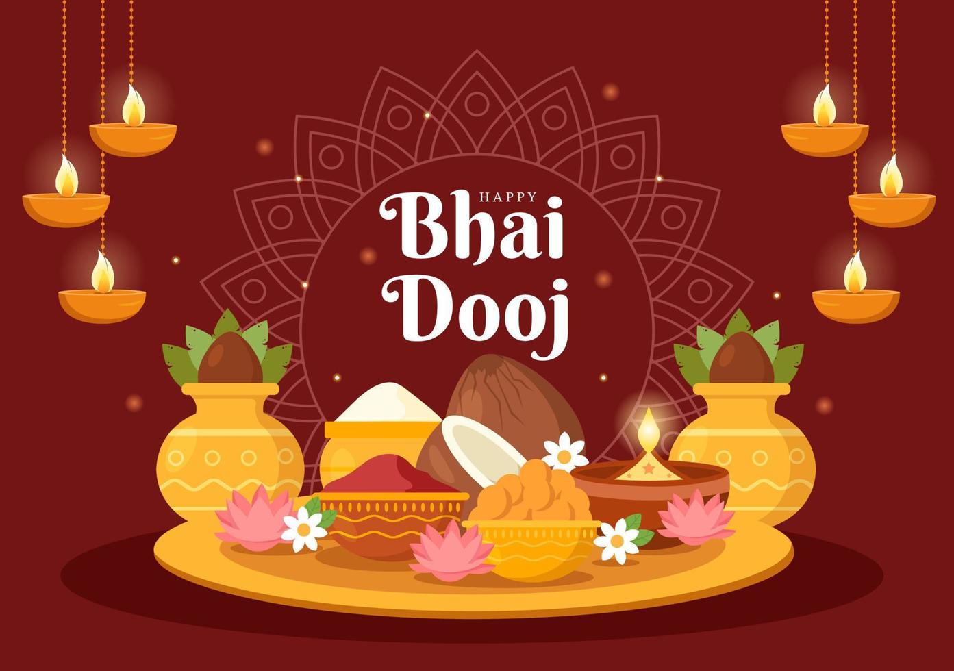 joyeux bhai dooj célébration du festival indien illustration de dessin animé dessiné à la main des sœurs prient pour la protection des frères avec un point sur son front vecteur