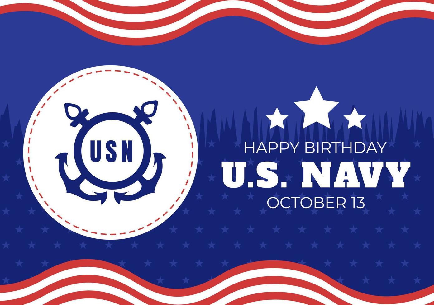 anniversaire de la marine américaine le 13 octobre illustration plate de dessin animé dessinée à la main adaptée à l'affiche, aux bannières et à la carte de voeux en arrière-plan vecteur