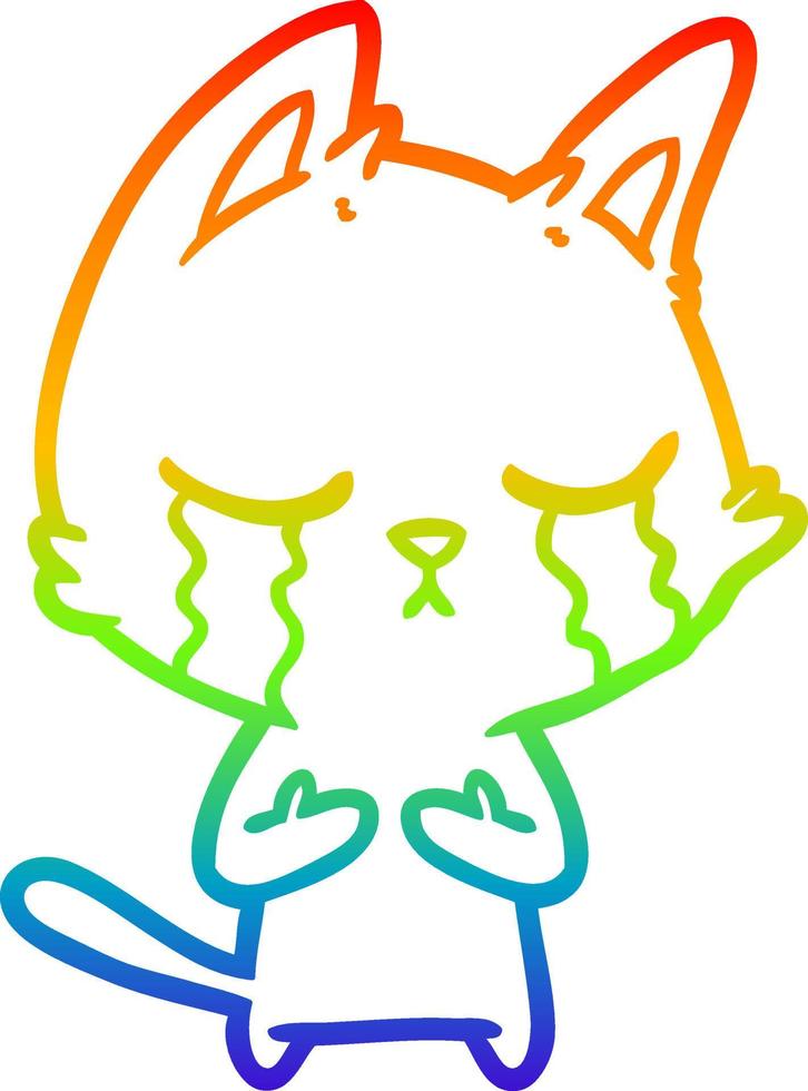 dessin de ligne de gradient arc en ciel chat de dessin animé qui pleure vecteur