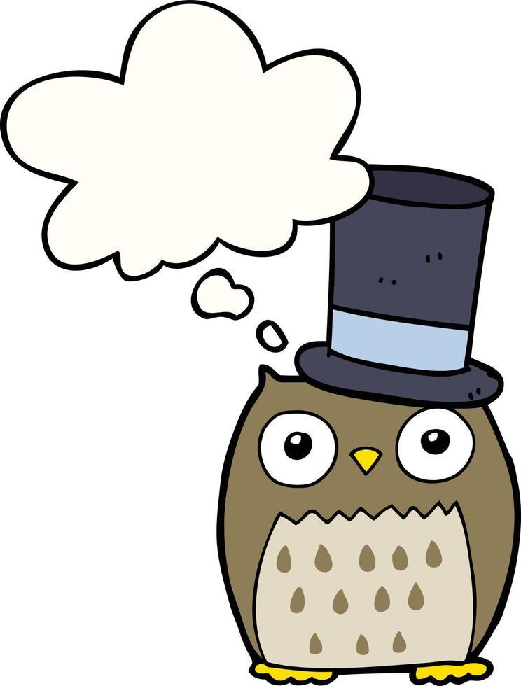 hibou de dessin animé portant un chapeau haut de forme et une bulle de pensée vecteur